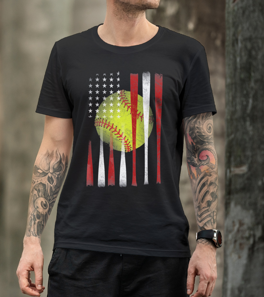 American Flag Vintage Softball Bats Stars Baseball T-Shirt