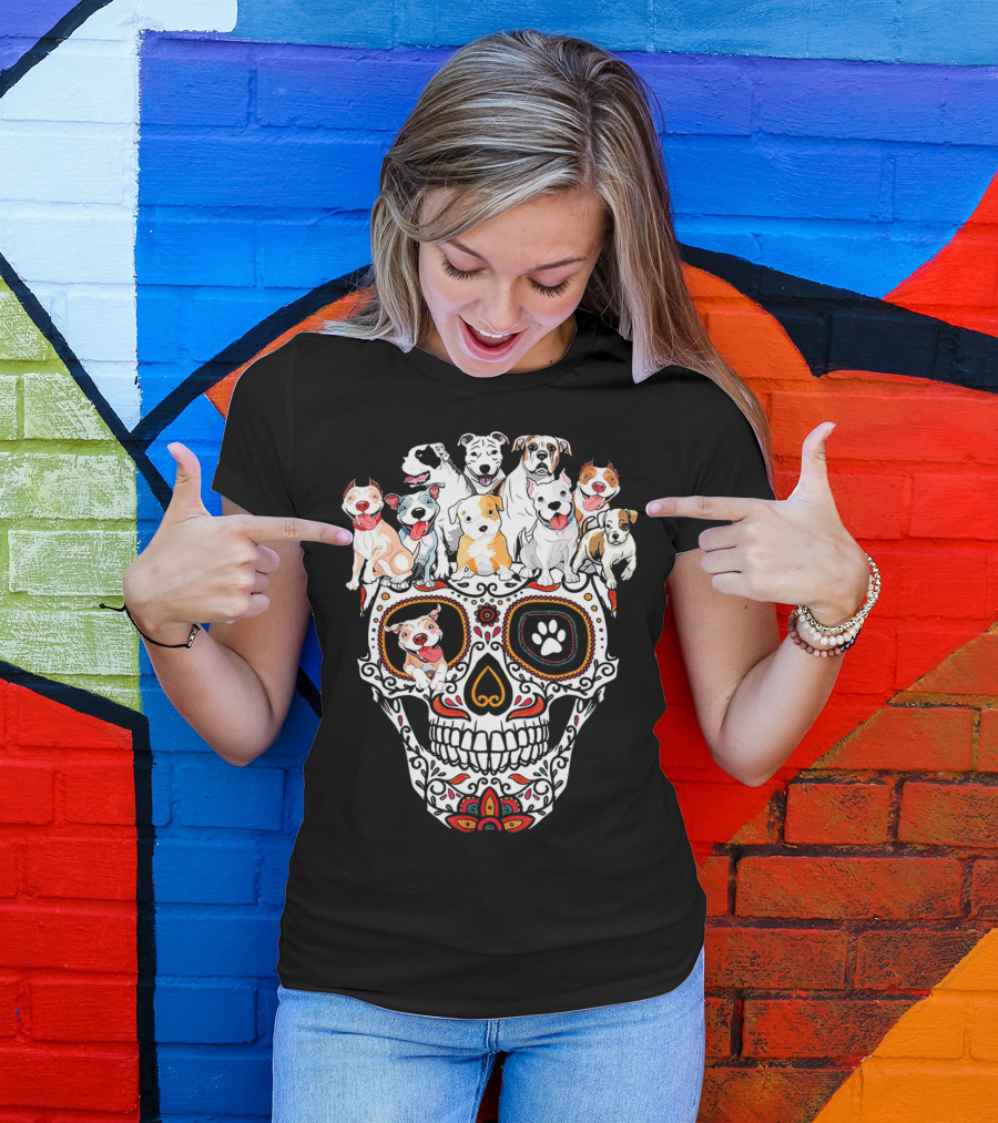 Pitbull Mom Sugar Skull Funny Canine Compilation T-Shirt
