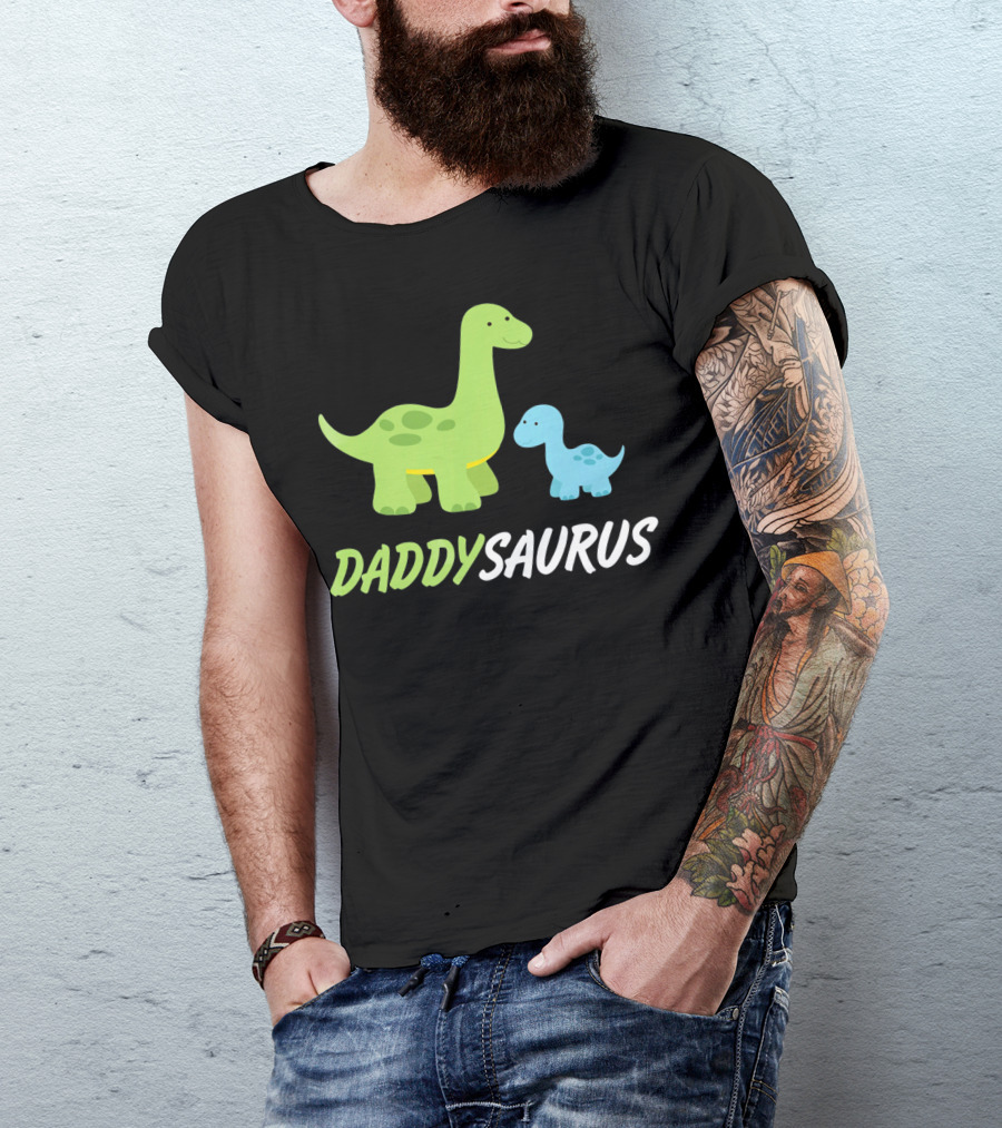 Daddysaurus Cute Sweet Daddy Family With Green Blue Dinosaurs T-Shirt