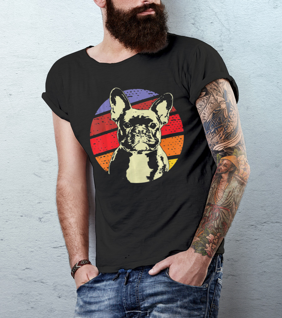 Vintage French Bulldog Dad Retro Colorful Stripes T-Shirt