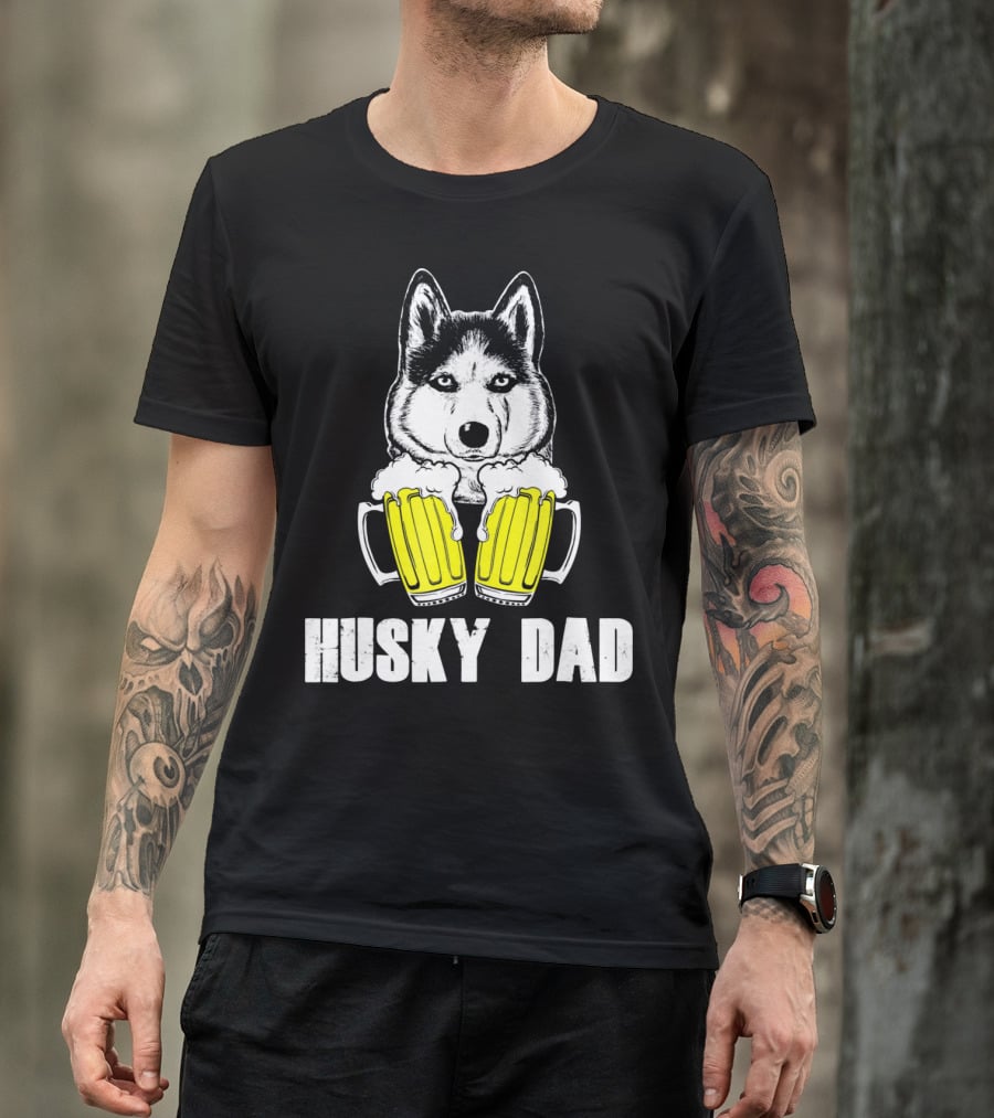 Husky Dad Funny Beer Day With Yellow Beer Mugs T-Shirt