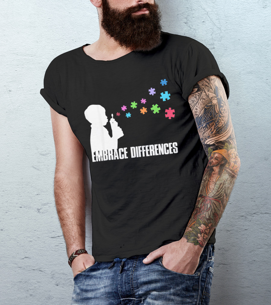 Embrace Differences Support Auti Autism Puzzle Pieces Bubbles T-Shirt