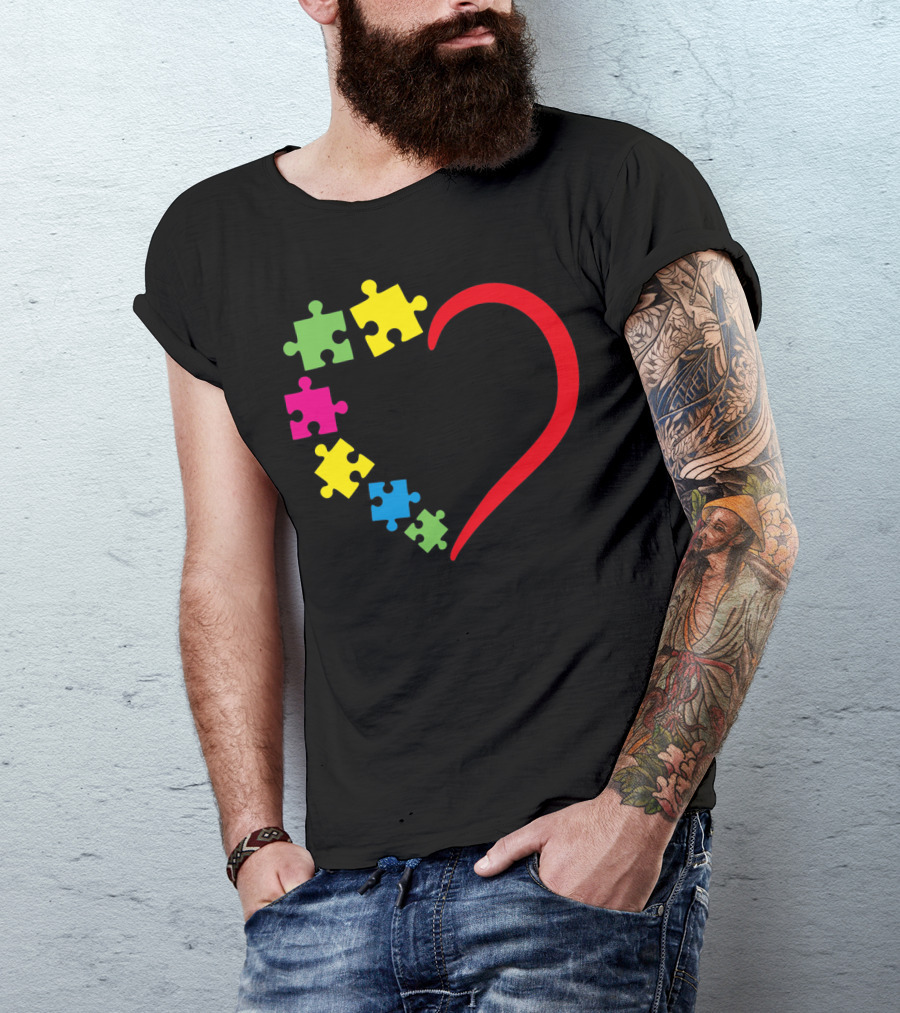 Love Ribbon Heart Puzzle Autism Awareness T-Shirt