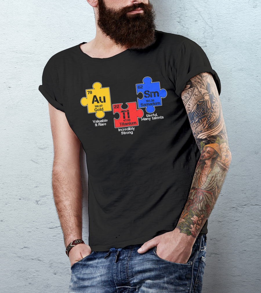 Autism Awareness Day Puzzle Chemical Elements Au Gold Ti Titanium Sm Samarium T-Shirt