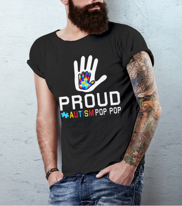 Proud Autism Pop Pop Autism Awareness Puzzle Hand T-Shirt