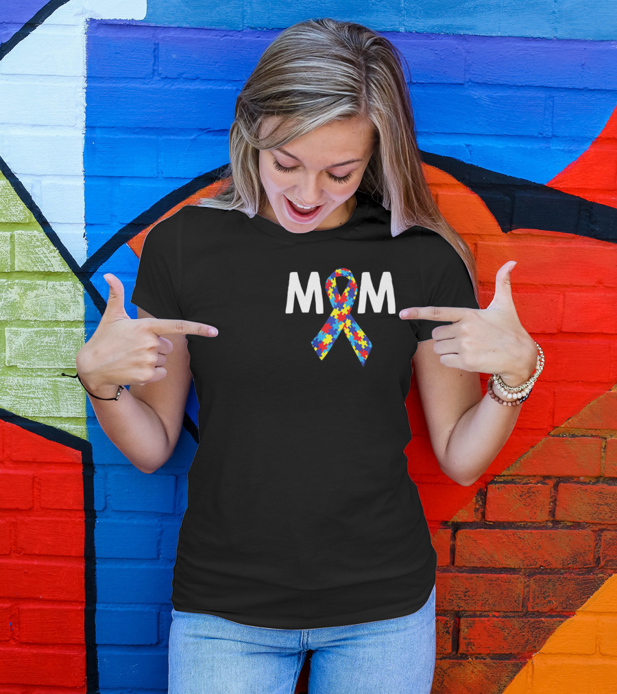 MOM Autism Puzzle Ribbon Awareness T-Shirt