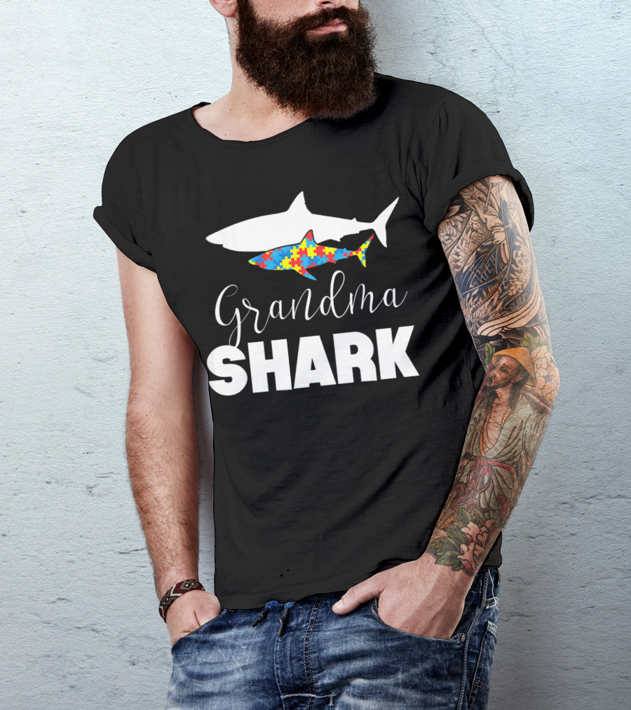 Grandma Shark Puzzle Piece Autism Awareness T-Shirt