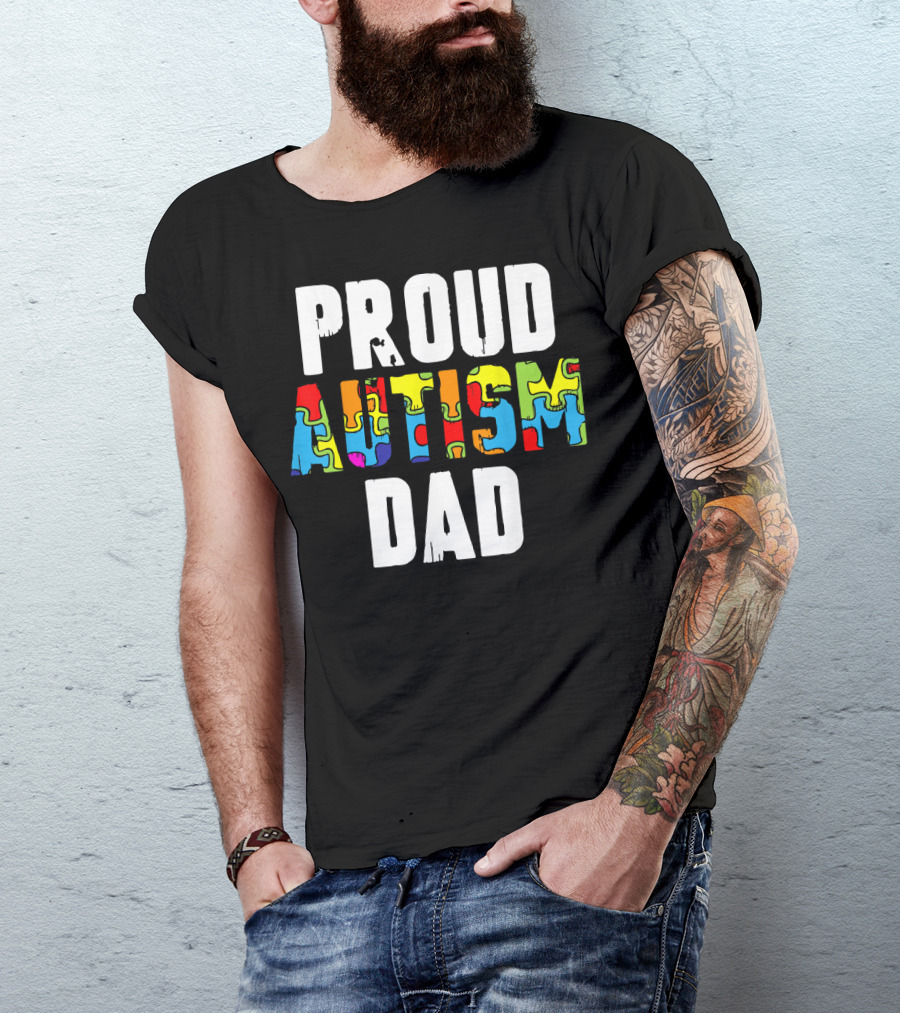 Proud Autism Dad Colorful Puzzle Piece Autism Awareness T-Shirt