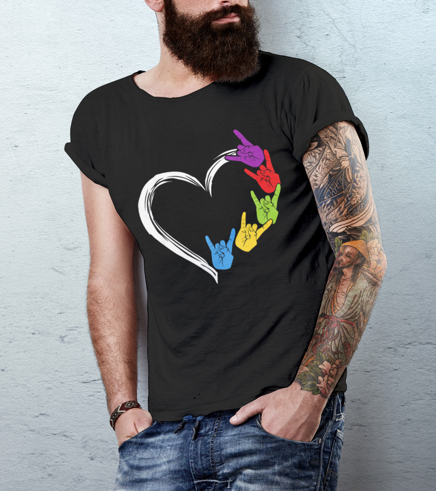 Kids Heart Love Colorful Hand Sign Language Rock T-Shirt