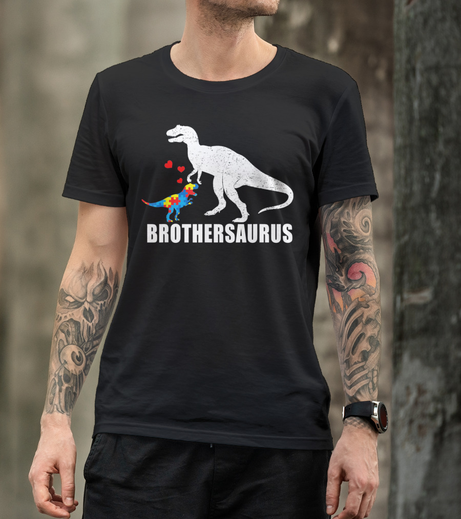 Brothersaurus Dinosaur With Puzzle Pattern For Autism Awareness T-Shirt
