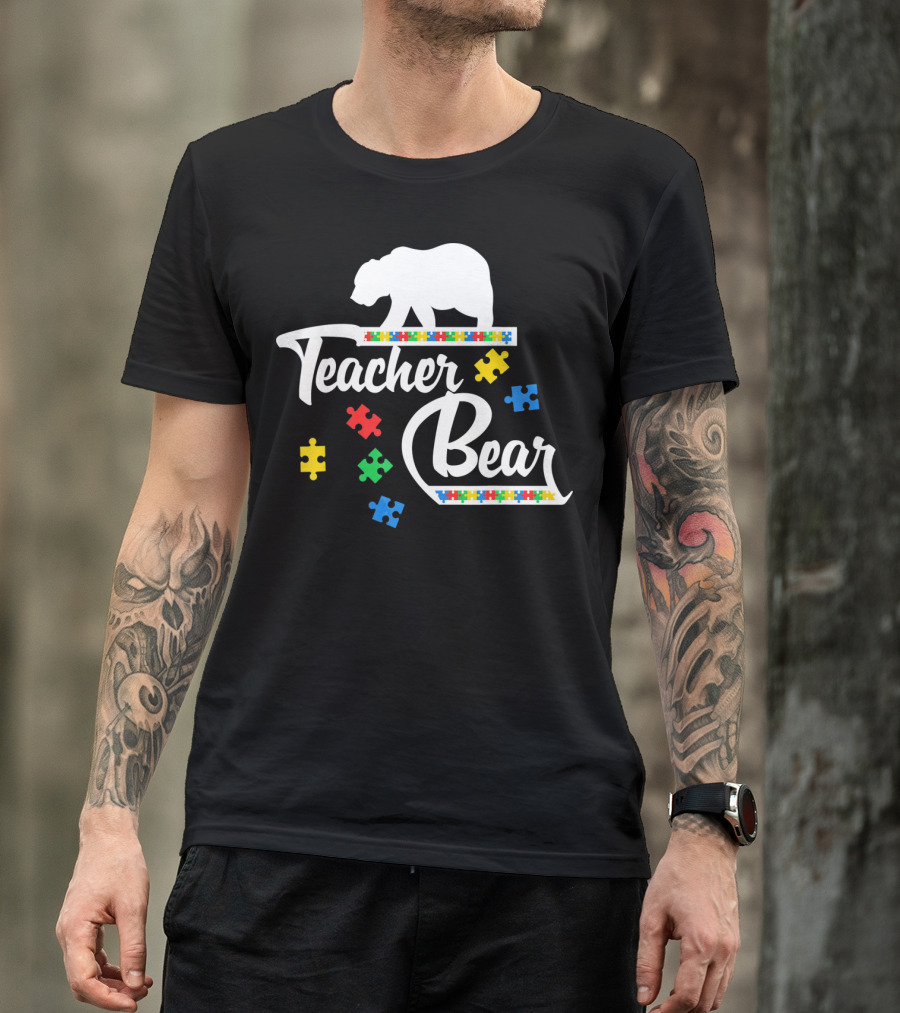 Teacher Bear Autism Awareness Puzzle Pieces T-Shirt