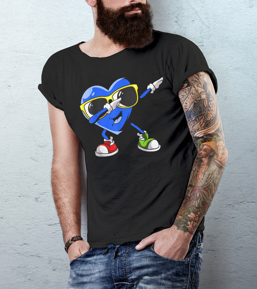 Autism Awareness Dabbing Blue Heart With Sunglasses In Red And Green Sneakers T-Shirt