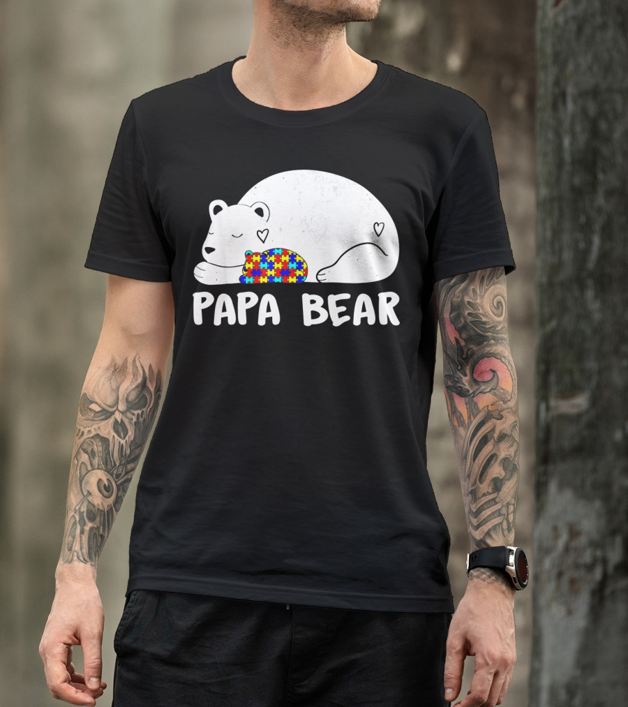 Papa Bear Autism Awareness Puzzle Heart T-Shirt