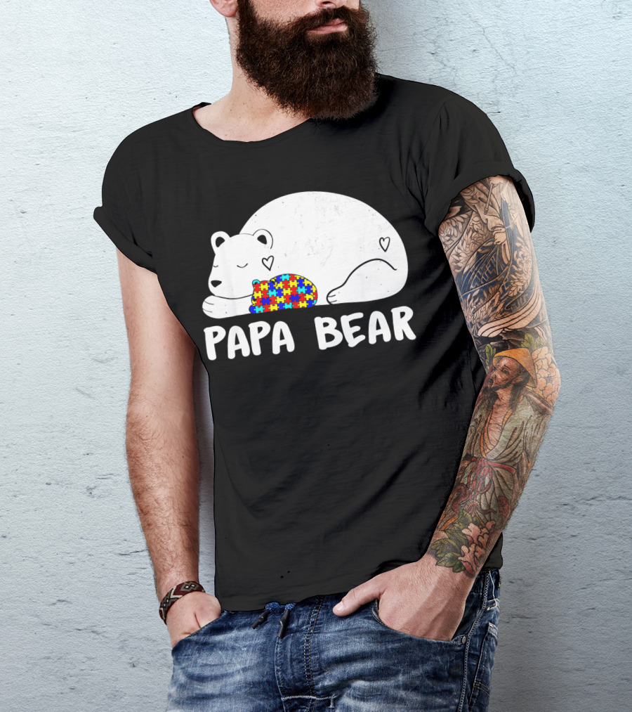 Papa Bear Autism Awareness Puzzle Heart T-Shirt