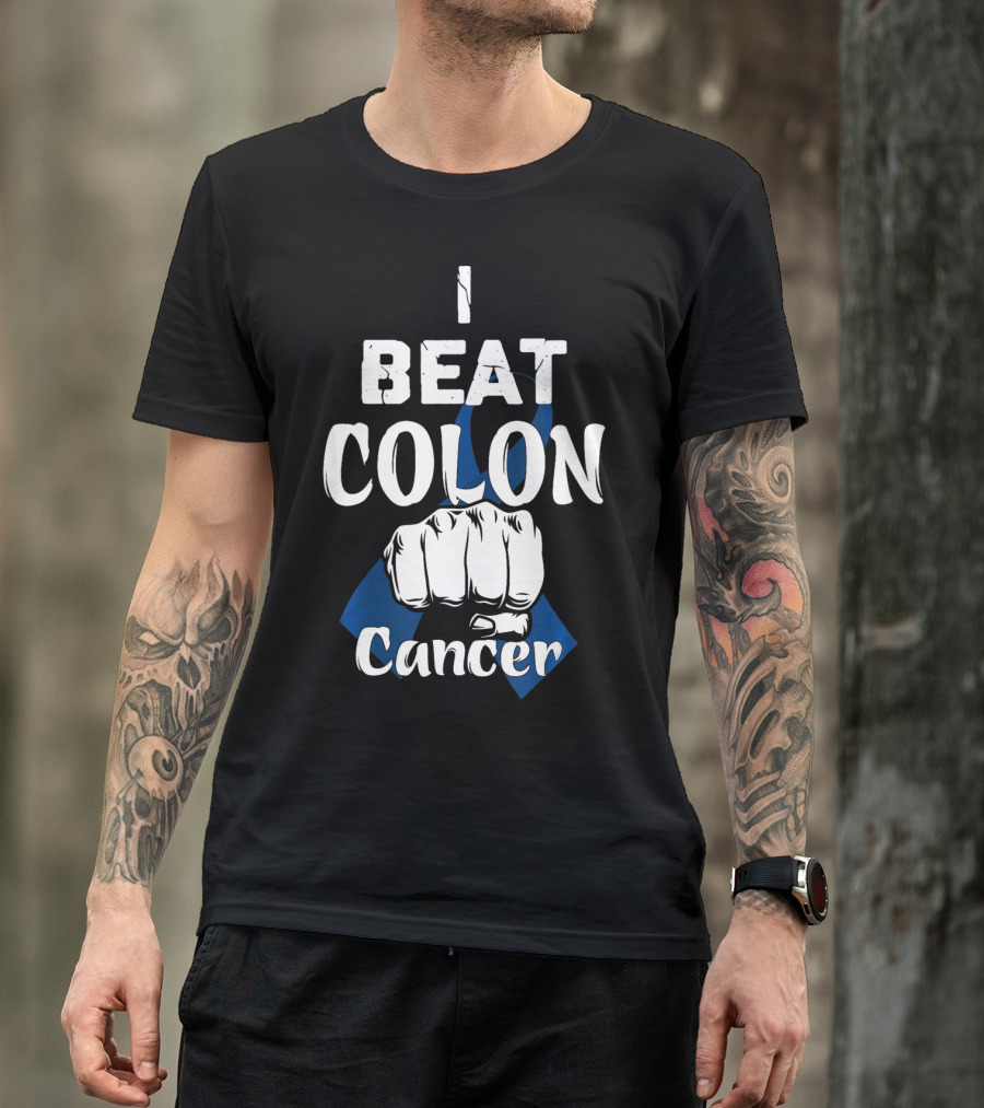 I Beat Colon Cancer Fist Blue T-Shirt