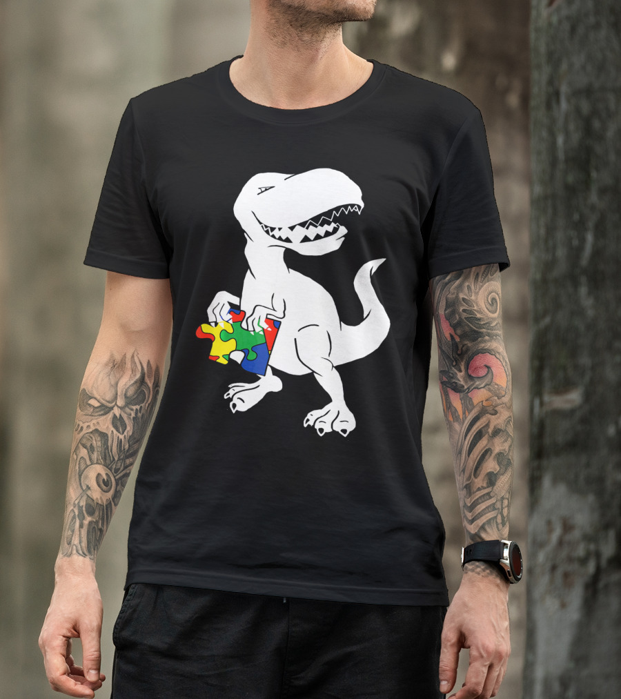 Dinosaur Holding Autism Puzzle Piece Awareness For Tyra T-Shirt