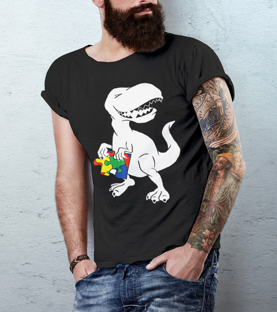 Dinosaur Holding Autism Puzzle Piece Awareness For Tyra T-Shirt