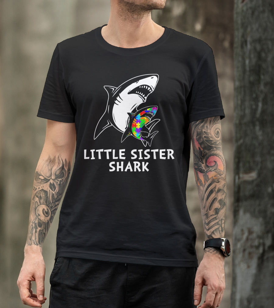 Little Sister Shark Autism Puzzle Awareness T-Shirt