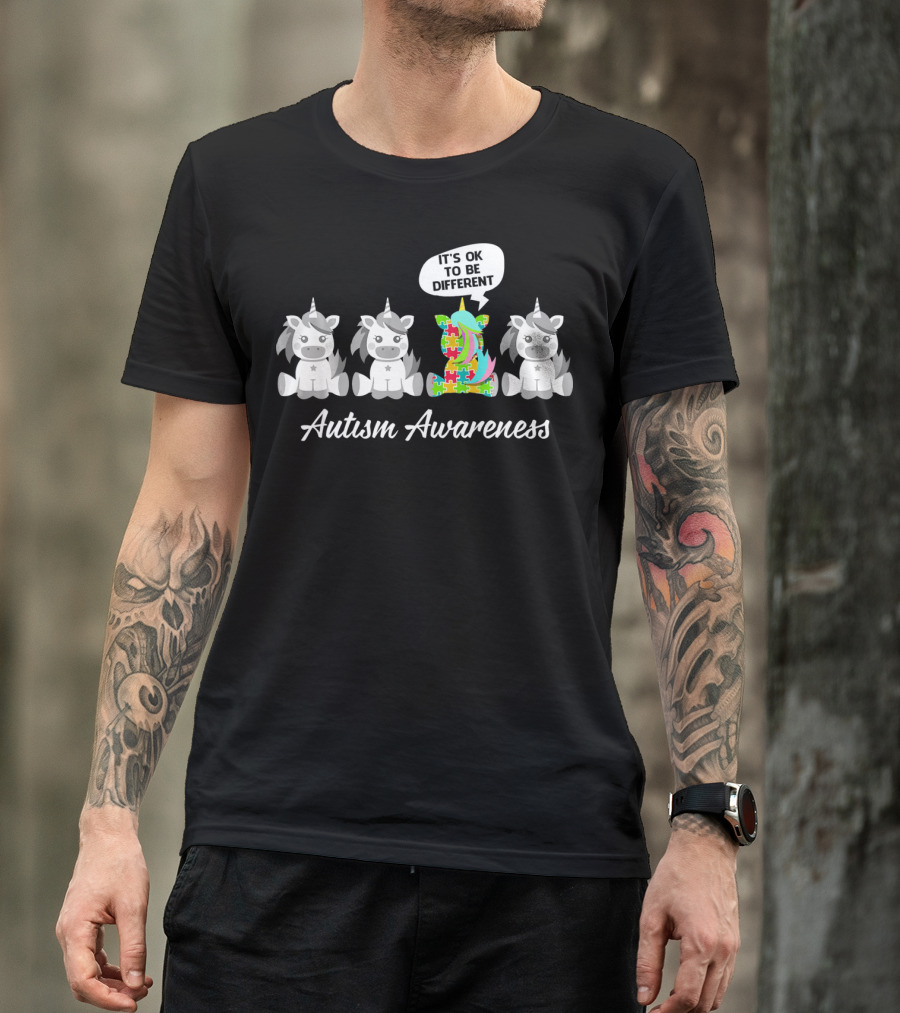 Autism Awareness Unicorn It's OK To Be Different With Puzzle Piece T-Shirt