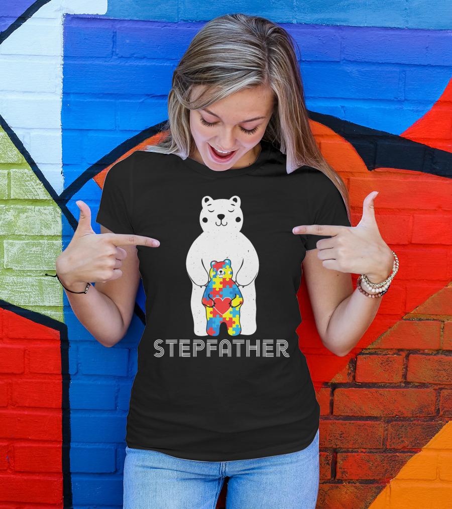 Stepfather Bear With Puzzle Pattern For Autism Awareness T-Shirt