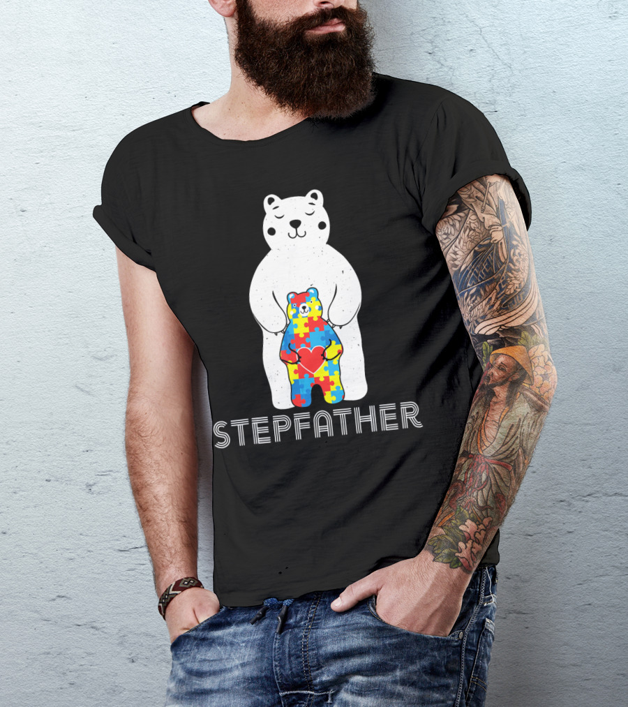 Stepfather Bear With Puzzle Pattern For Autism Awareness T-Shirt