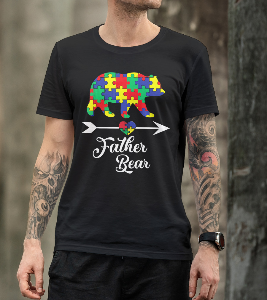 Father Bear Puzzle Autism Awareness Dad Arrow And Heart T-Shirt