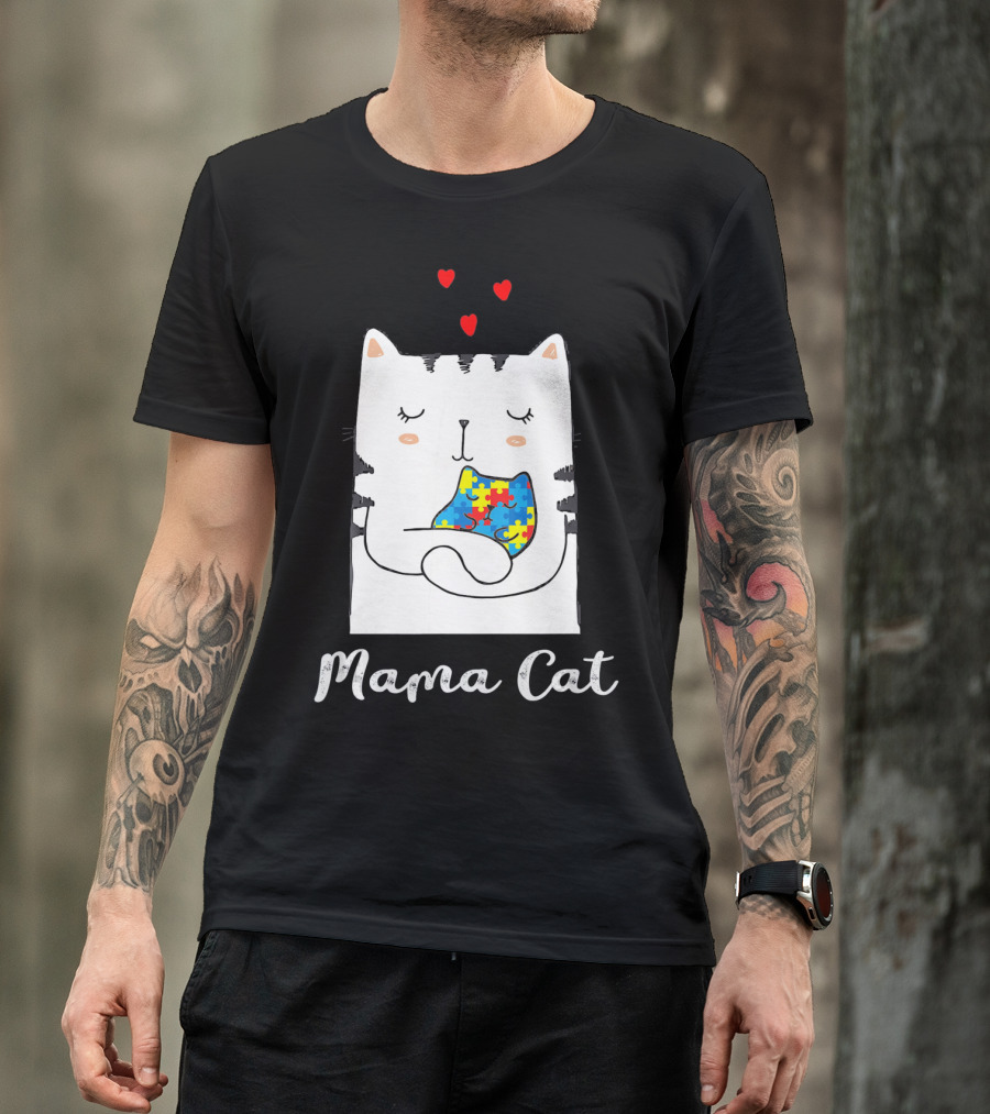 Proud Autism Awareness Mama Cat Hugging Puzzle Piece Hearts T-Shirt
