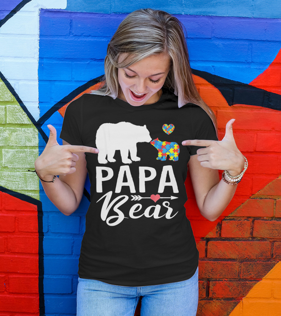 Papa Bear Autism Awareness Love Puzzle Heart Bear T-Shirt