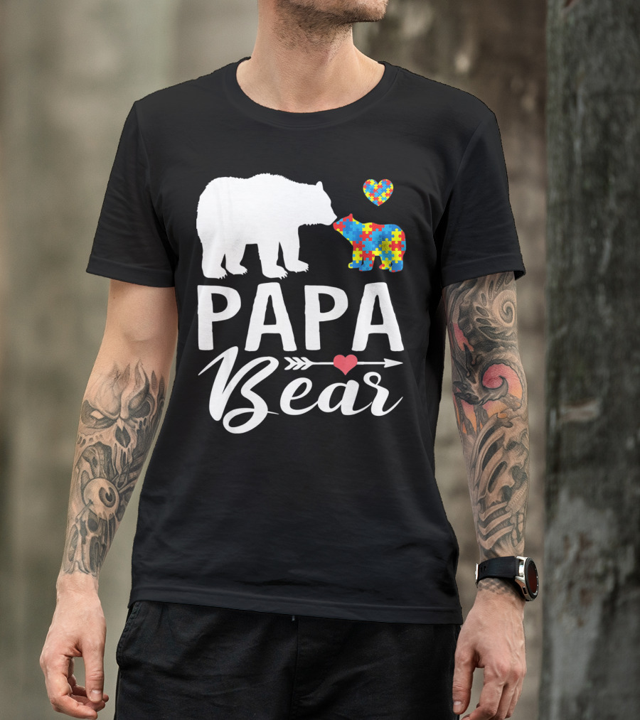 Papa Bear Autism Awareness Love Puzzle Heart Bear T-Shirt