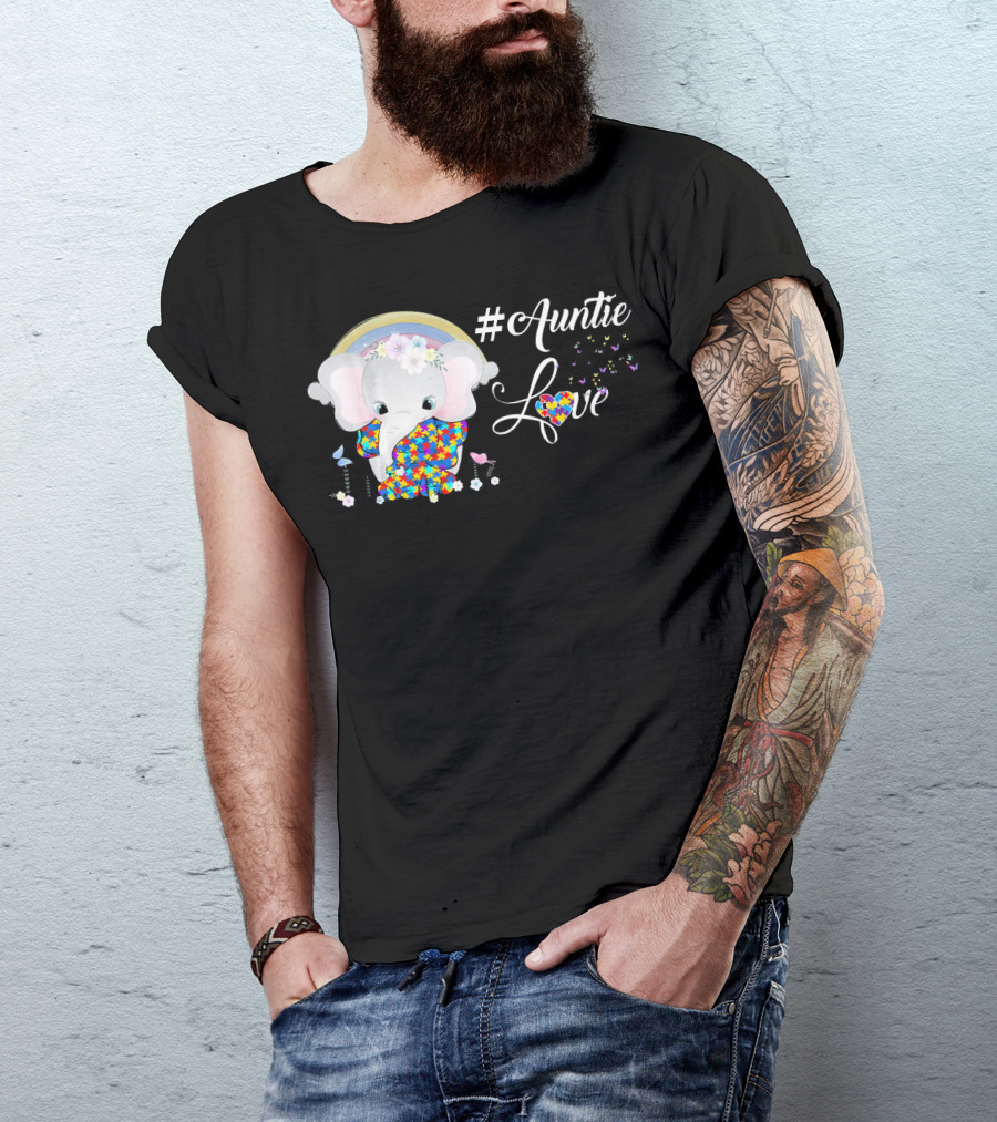 Auntie Love Autism Awareness Elephant With Colorful Puzzle Pattern And Rainbow T-Shirt