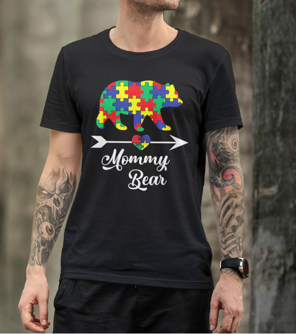 Mommy Bear With Puzzle Heart Autism Awareness T-Shirt