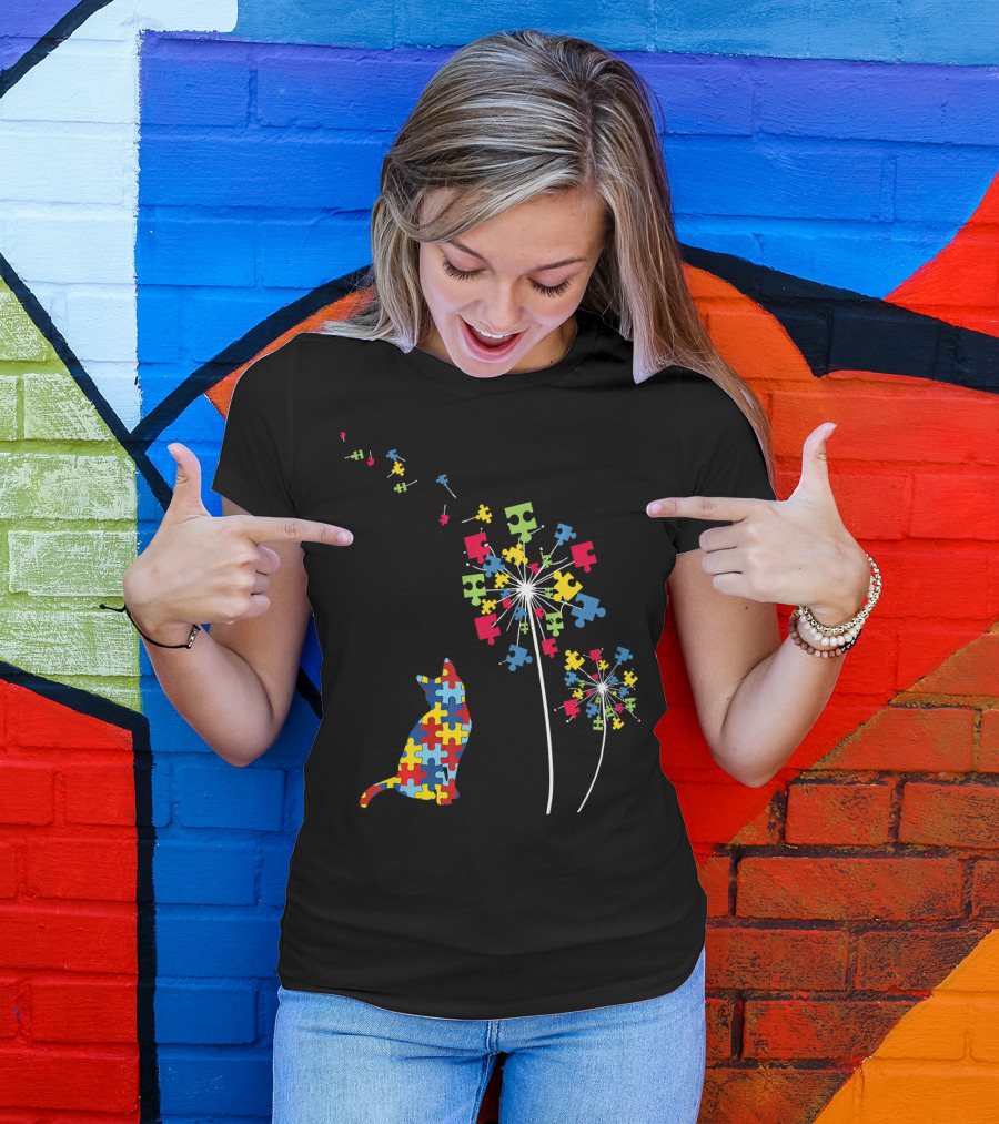 Colorful Puzzle Piece Cat And Dandelion Autism Awareness T-Shirt