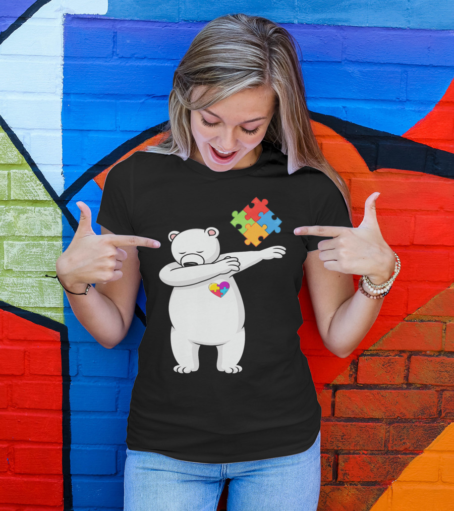 Dabbing Polar Bear Puzzle Piece Heart Autism Awareness T-Shirt