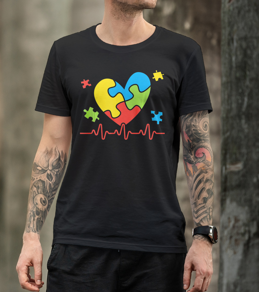 Autism Awareness Heart Puzzle Piece With Heartbeat Line T-Shirt