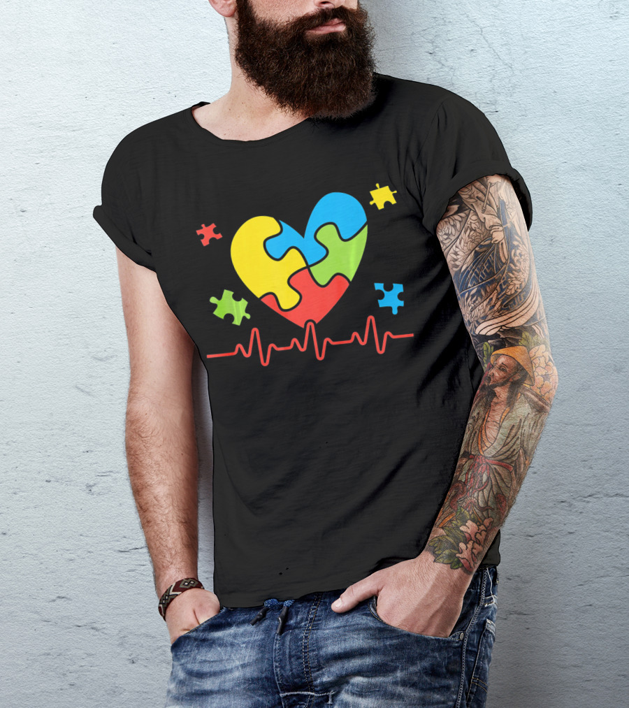 Autism Awareness Heart Puzzle Piece With Heartbeat Line T-Shirt