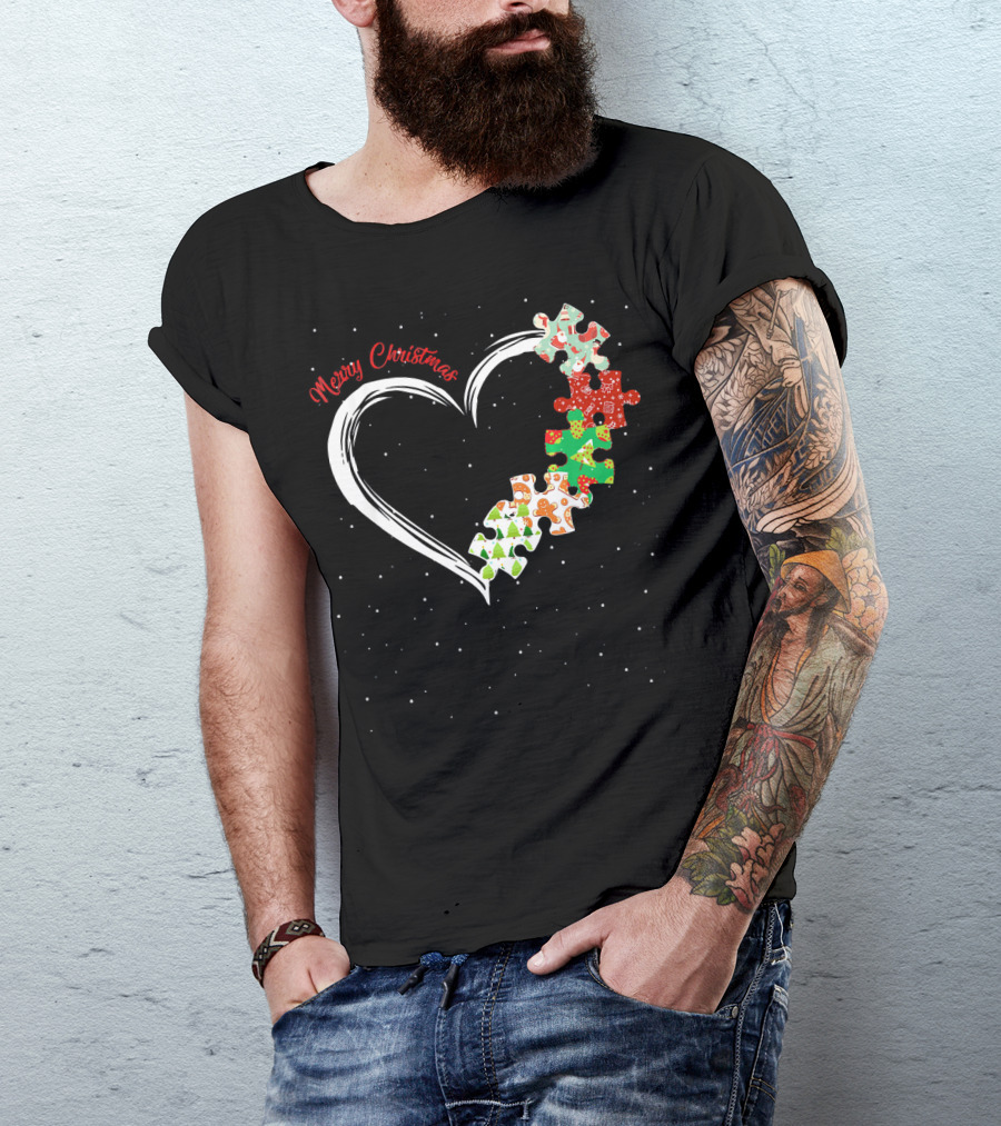 Merry Christmas Autism Awareness Heart Puzzle T-Shirt
