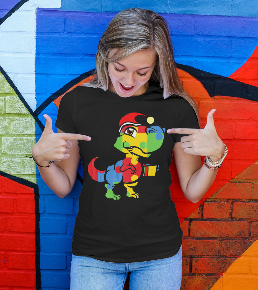 Funny Christmas Autism Awareness Santa Dinosaur Puzzle T-Shirt