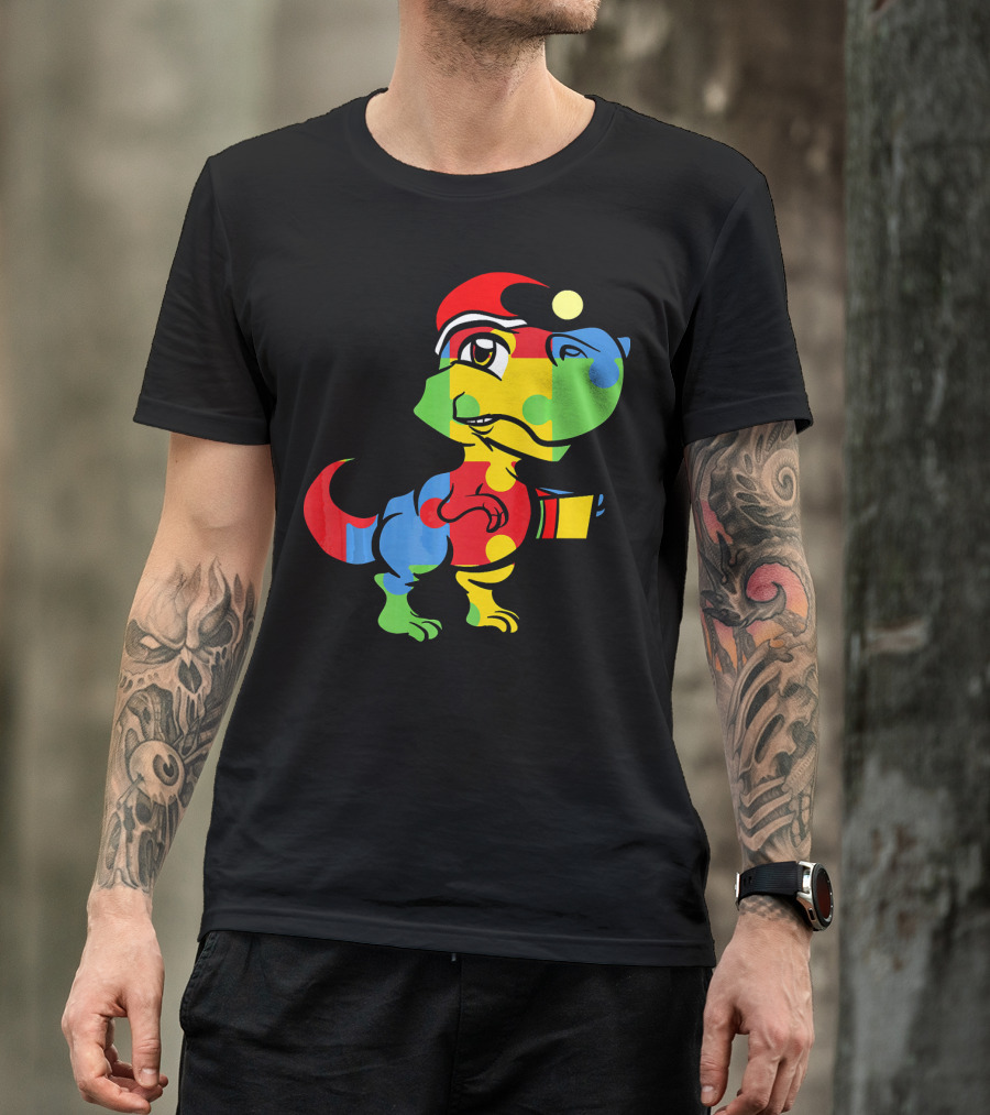 Funny Christmas Autism Awareness Santa Dinosaur Puzzle T-Shirt