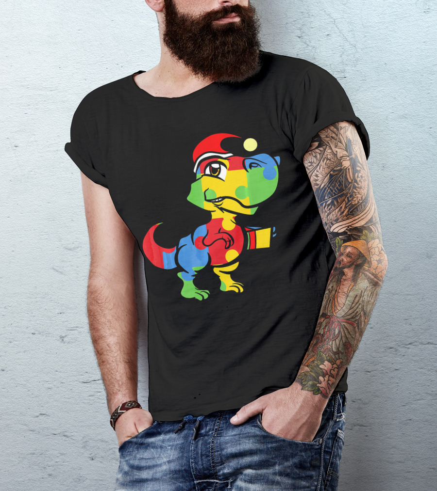 Funny Christmas Autism Awareness Santa Dinosaur Puzzle T-Shirt