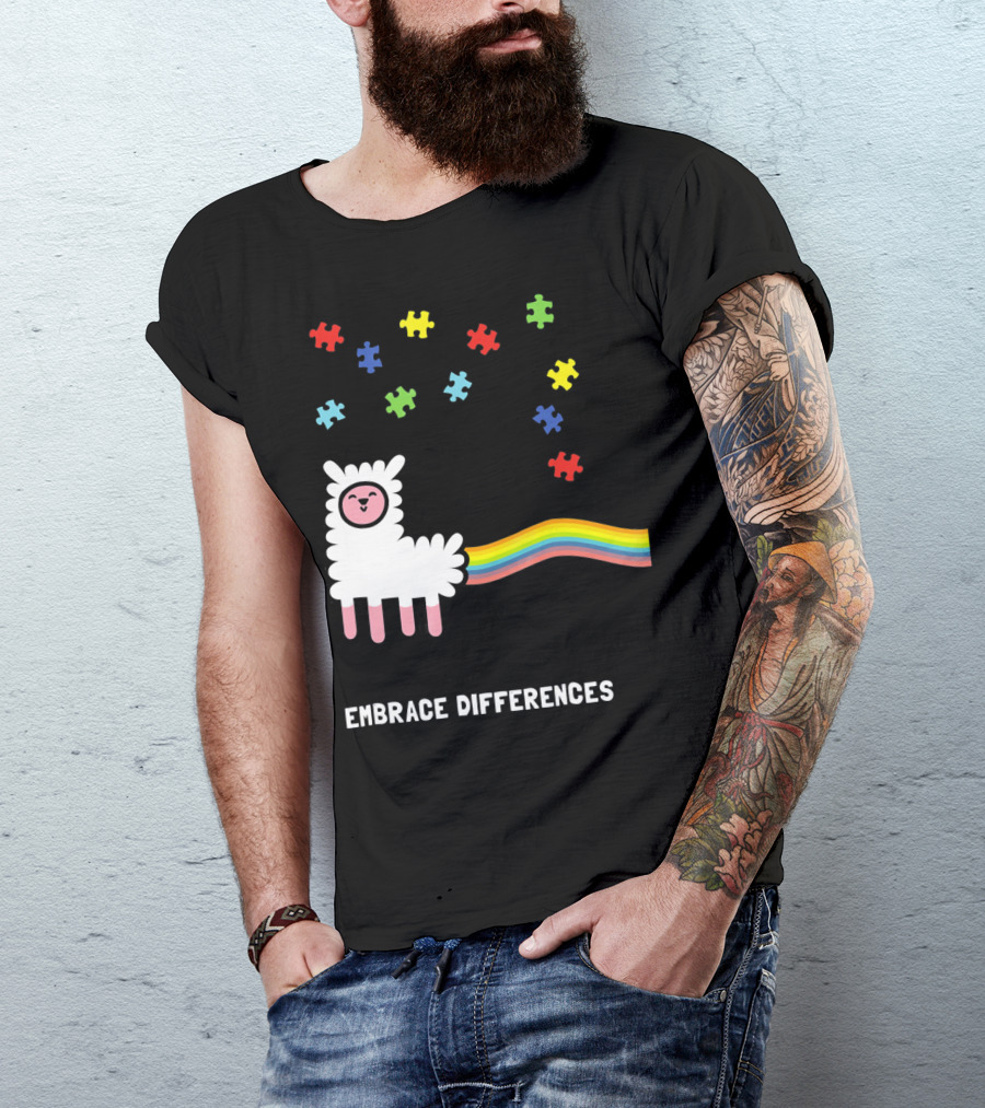 Embrace Differences Autism Awareness Llama Rainbow Puzzle Pieces T-Shirt