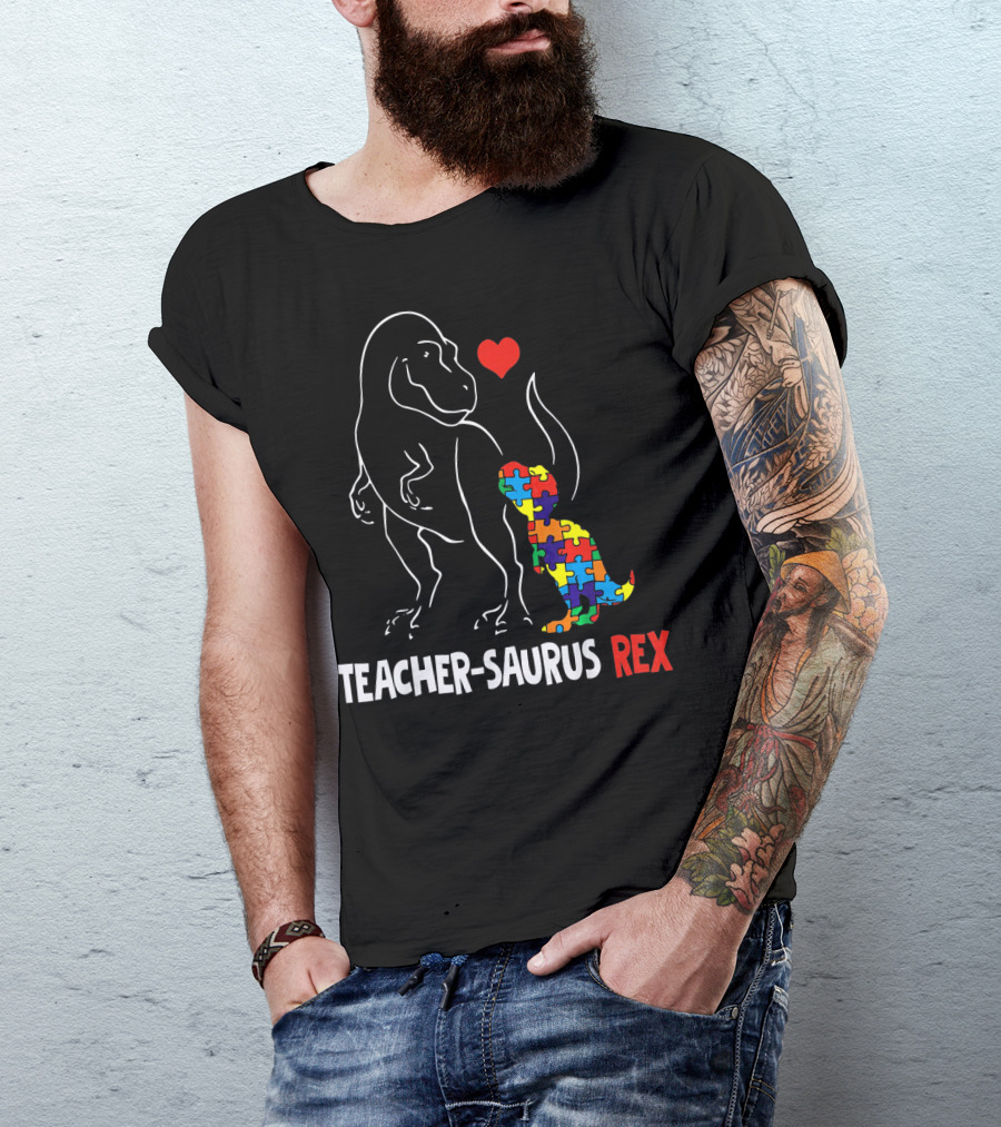 Teacher Saurus Rex Dinosaur With Heart And Colorful Puzzle T-Shirt