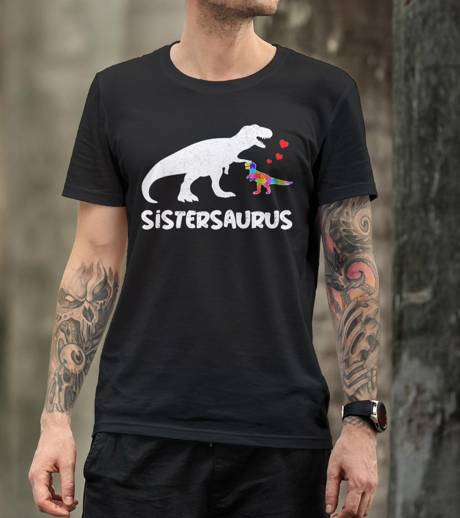 Sistersaurus Dinosaur Rainbow Puzzle Hearts T-Shirt
