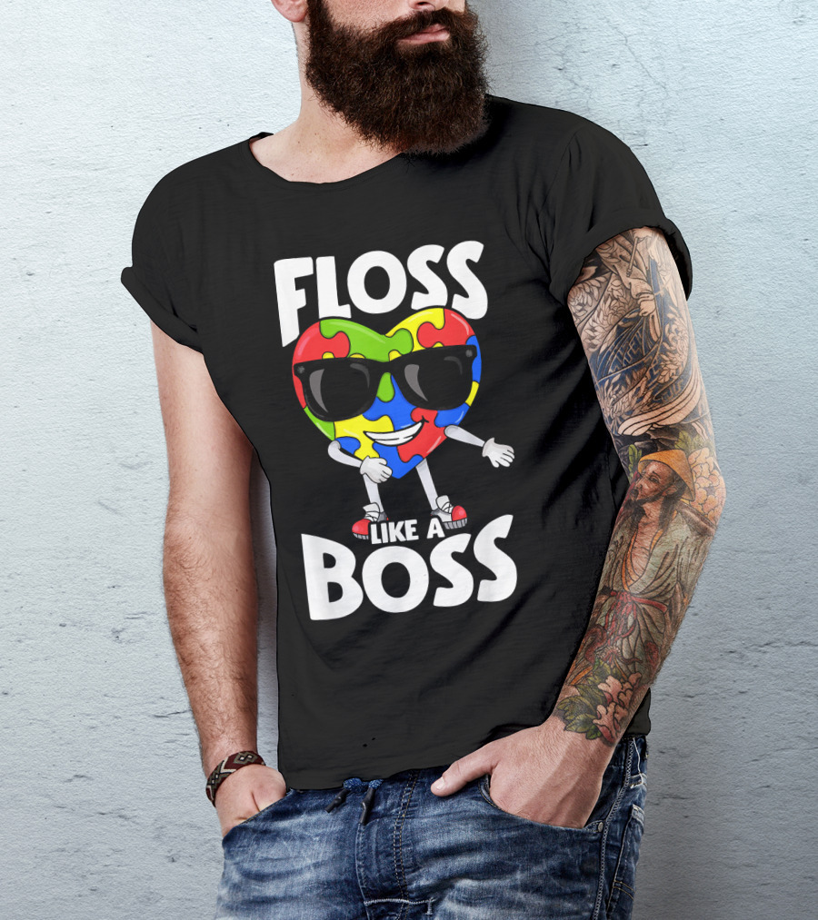 Floss Like A Boss Heart With Puzzle Autism T-Shirt
