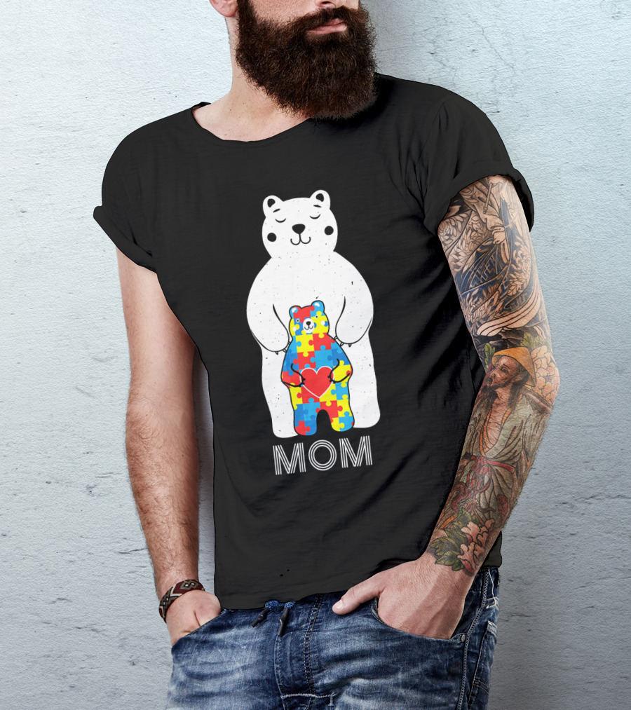Mom Bear Holding Puzzle Heart Autism Awareness T-Shirt