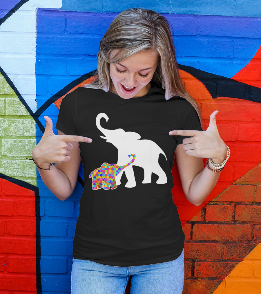 Elephant Autism Awareness Puzzle Pattern Support T-Shirt