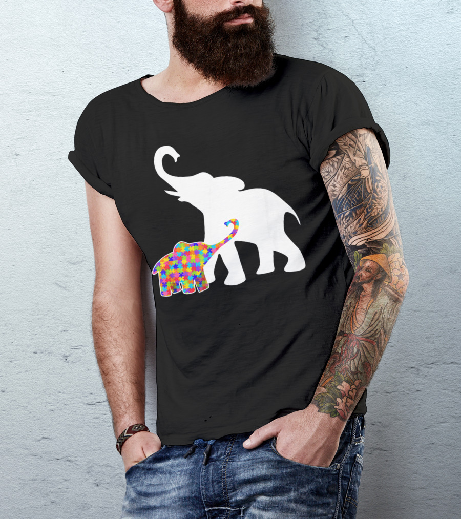 Elephant Autism Awareness Puzzle Pattern Support T-Shirt