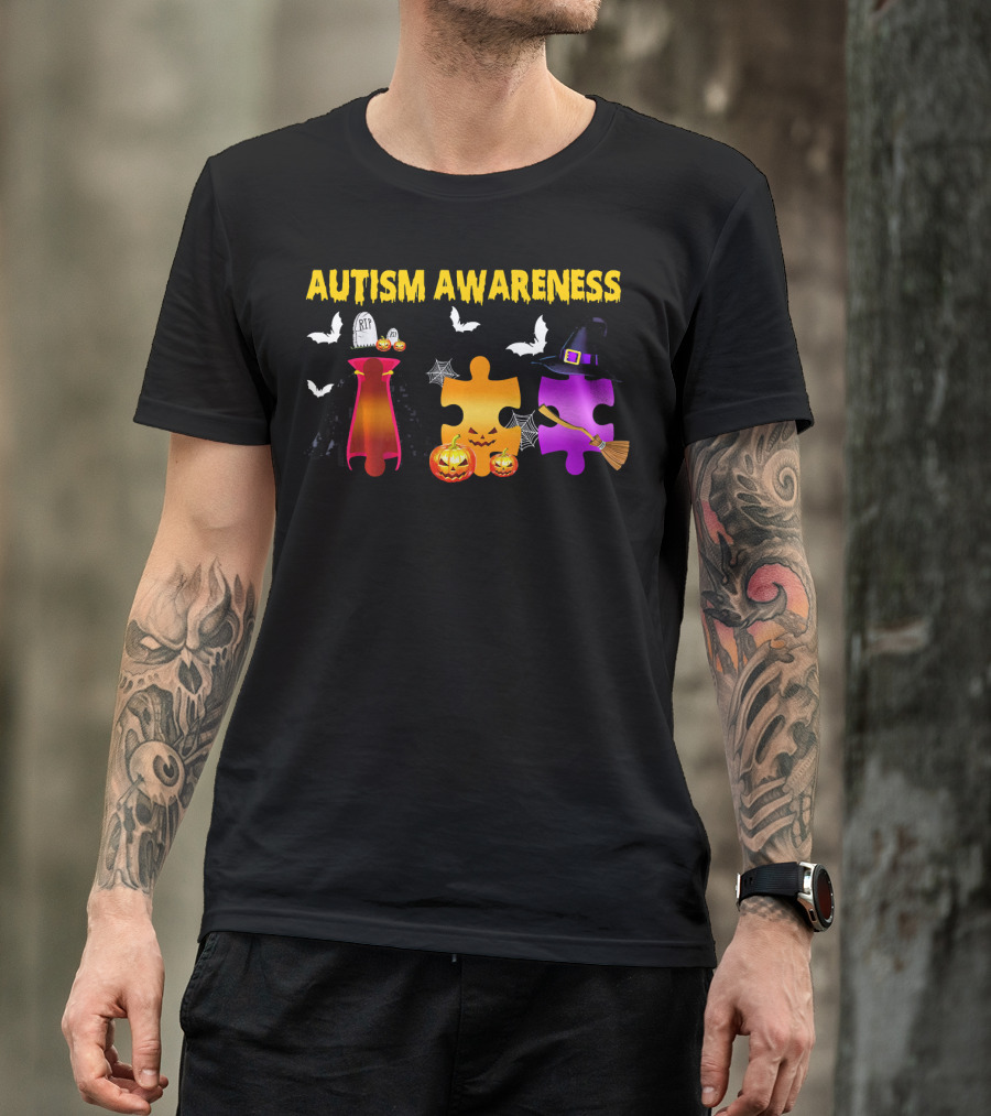 Autism Awareness Halloween Puzzle Pieces With Witch Hat Bats And Pumpkins T-Shirt