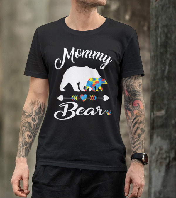 Mommy Bear Autism Awareness Puzzle Pattern Heart T-Shirt