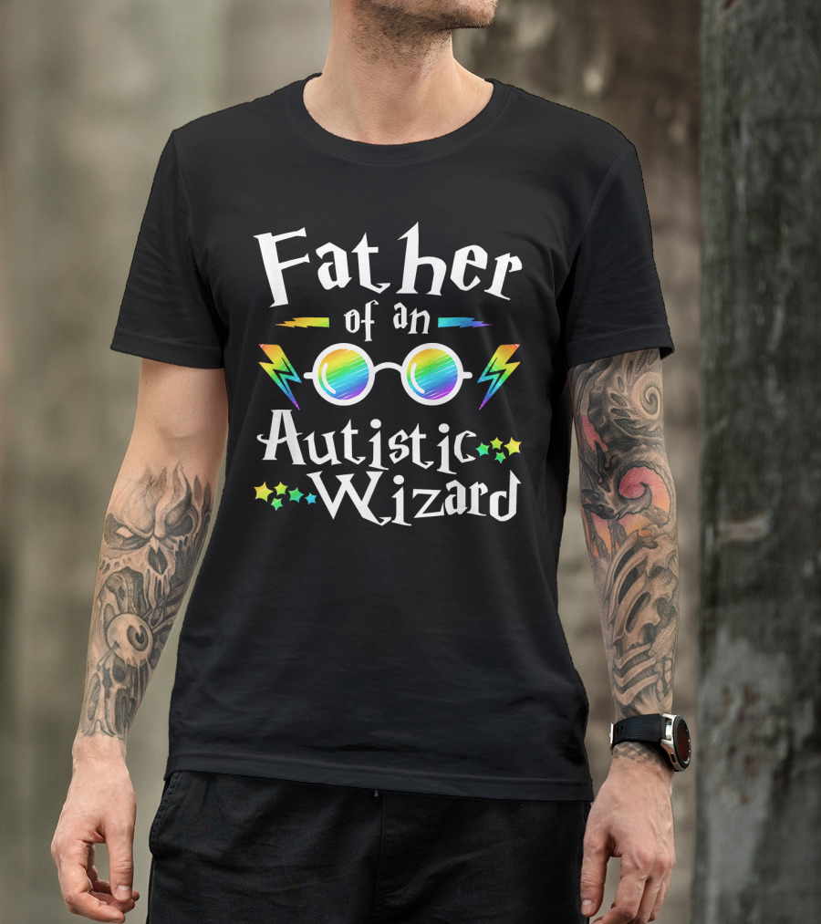 Father Of An Autistic Wizard Colorful Glasses And Lightning Bolts T-Shirt