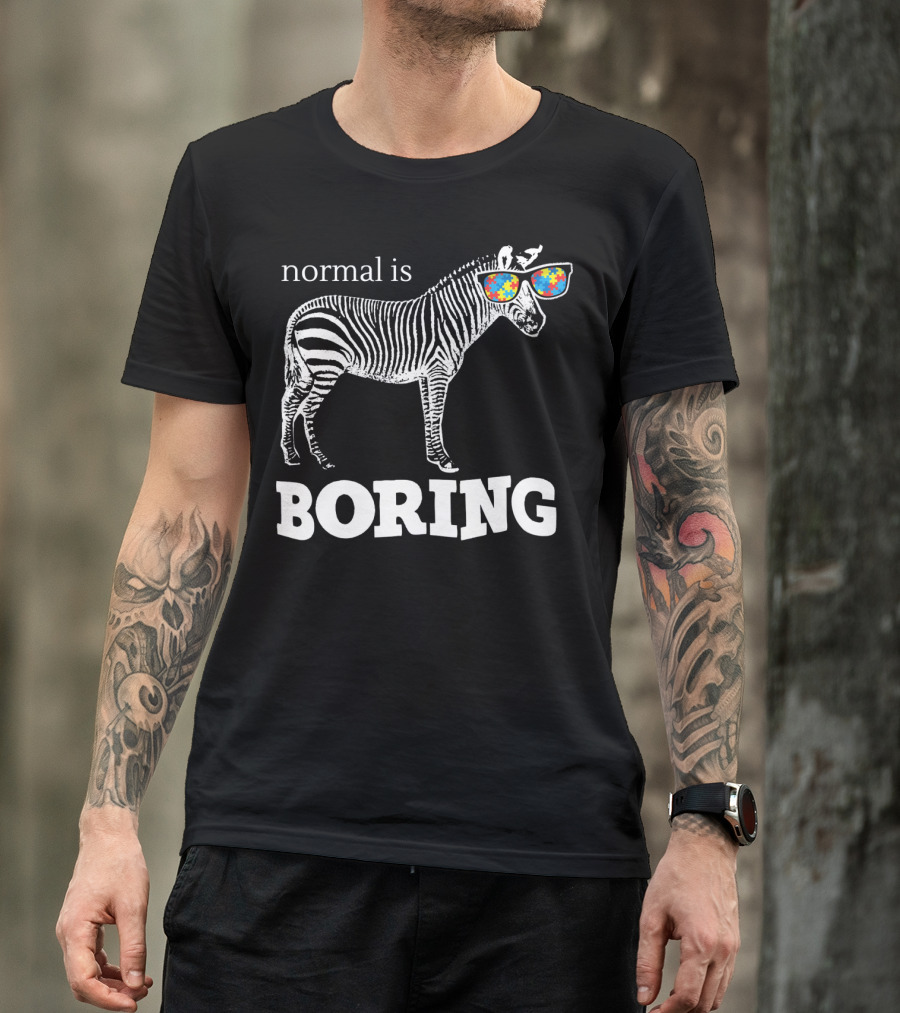 Normal Is Boring Zebra With Puzzle Piece Sunglasses Autism Awareness T-Shirt